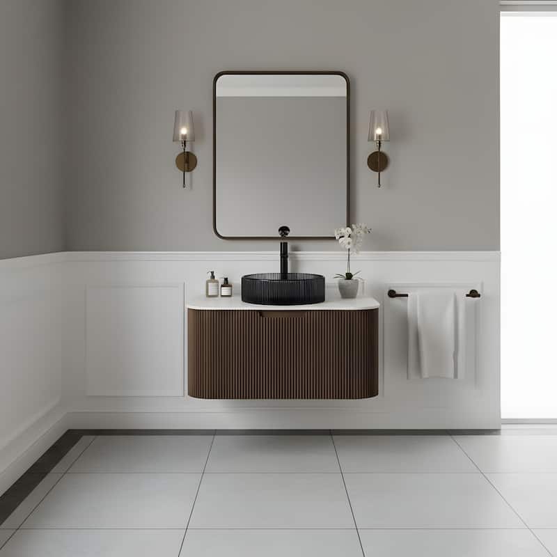 Wall Mounted Bathroom Vanity with Transparent Black Round Glass Basin