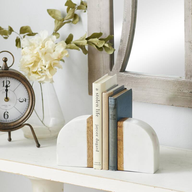 Marble 5 lbs Decorative Bookends with Wood Details - Set of 2 White - Roche River Decor