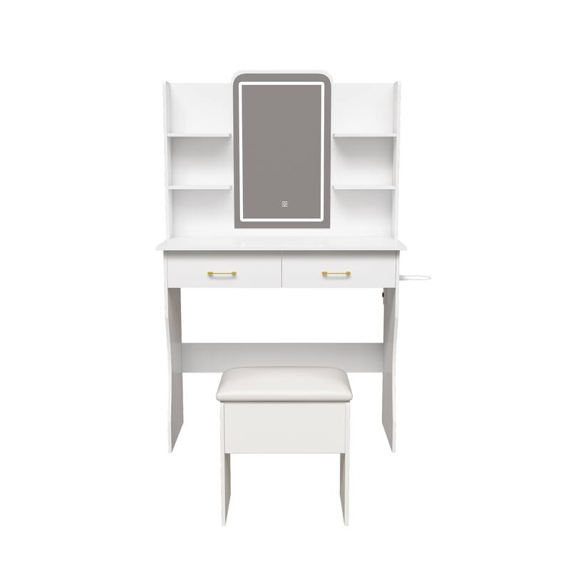 Vanity Desk with Adjustable LED Lights Mirror,Power Outlet and Chair