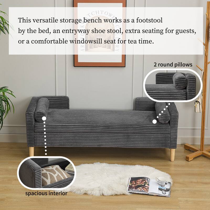 Corduroy Storage Bench with Bolster Pillows, 350LB, Natural Wood Legs