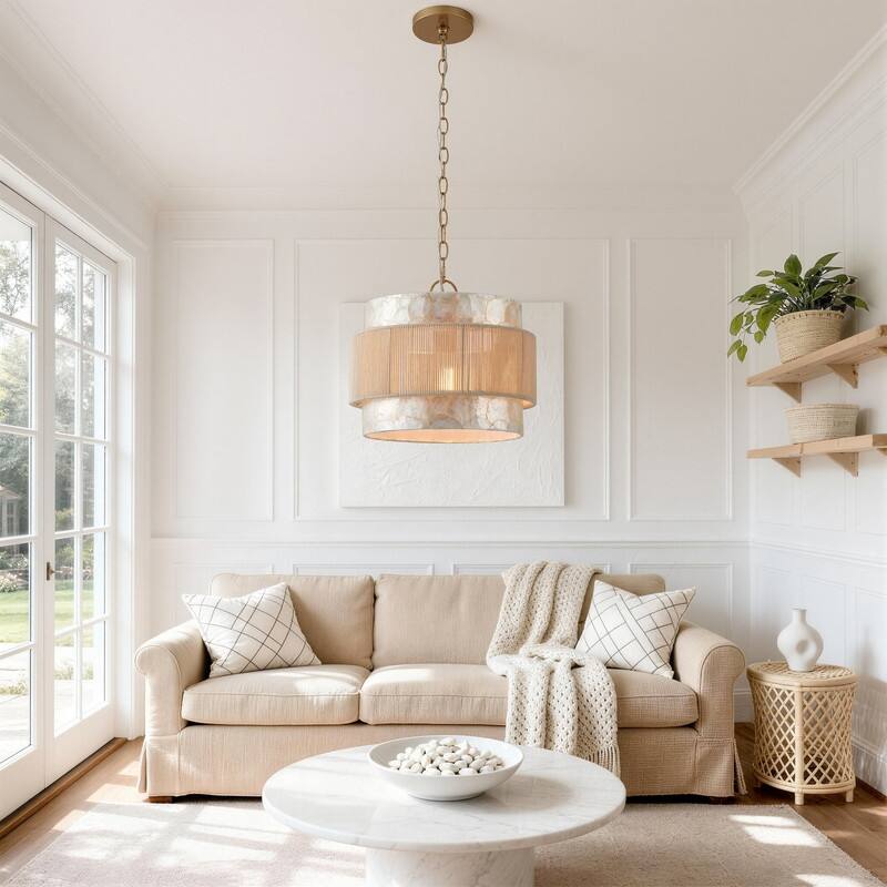 KAWOTI 3-Tire Seashell Pendant Light with Cotton Rope Shade