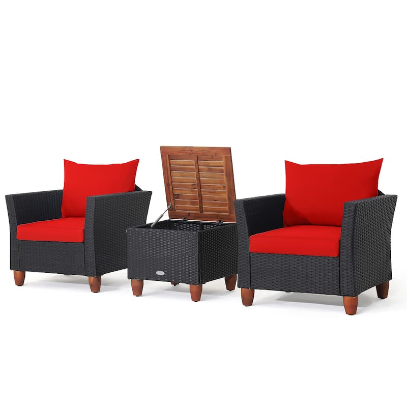 3PCS Patio Rattan Furniture Set Cushioned Sofa with Storage Table - Red