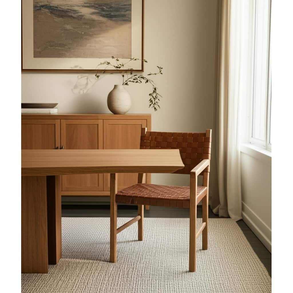 HomeRoots Brown Woven Leather And Solid Wood Dining Arm Chair - 21.5 in. x 33.25 in. x 21 in.