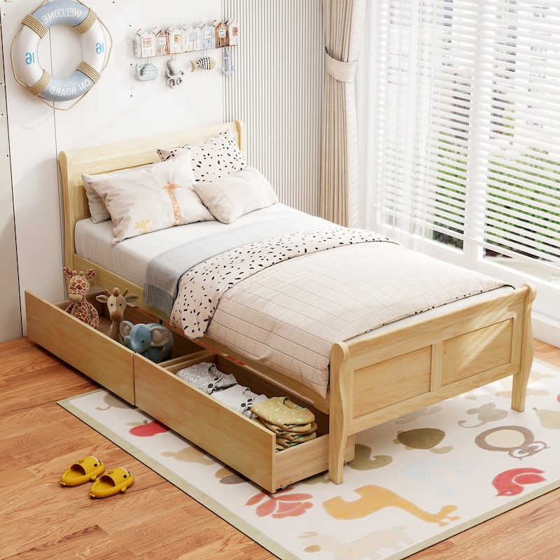 Twin Size Wooden Sleigh Platform Bed with 2 Under-Bed Drawers Included Headboard and Footboard - Natural