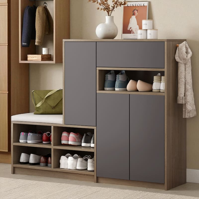 2-in-1 Shoe Storage Bench with Cushion, Handleless Rebound Doors, Adjustable Shelves, Brown Entryway Cabinet 55.1" W