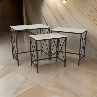 Zoe Plant Stand Table Set of 3, Metal, Rectangular Marble Top, Black Metal