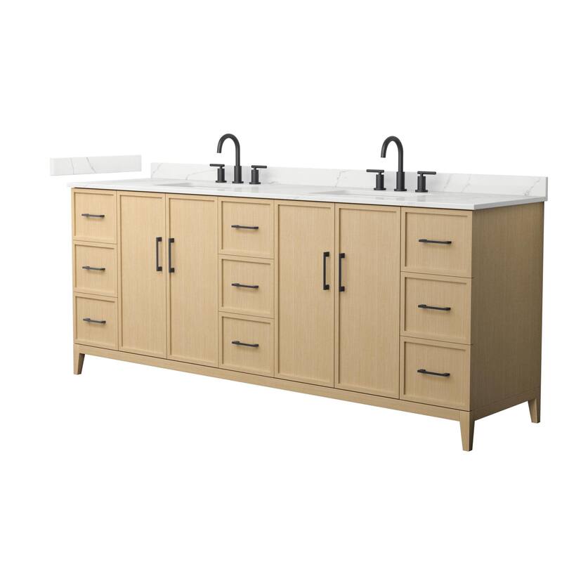 Wyndham Collection WCH717184D-QTZ-US3MXX Elan 84" Free Standing Double - White Oak / Giotto Quartz Top / Matte Black