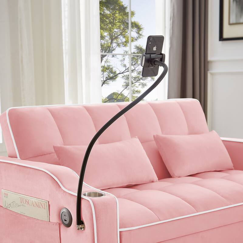 Versatile Foldable Sofa Bed in Pink, Solid Wood+MDF+Resin, Adjustable Back, USB Port, Phone Stand