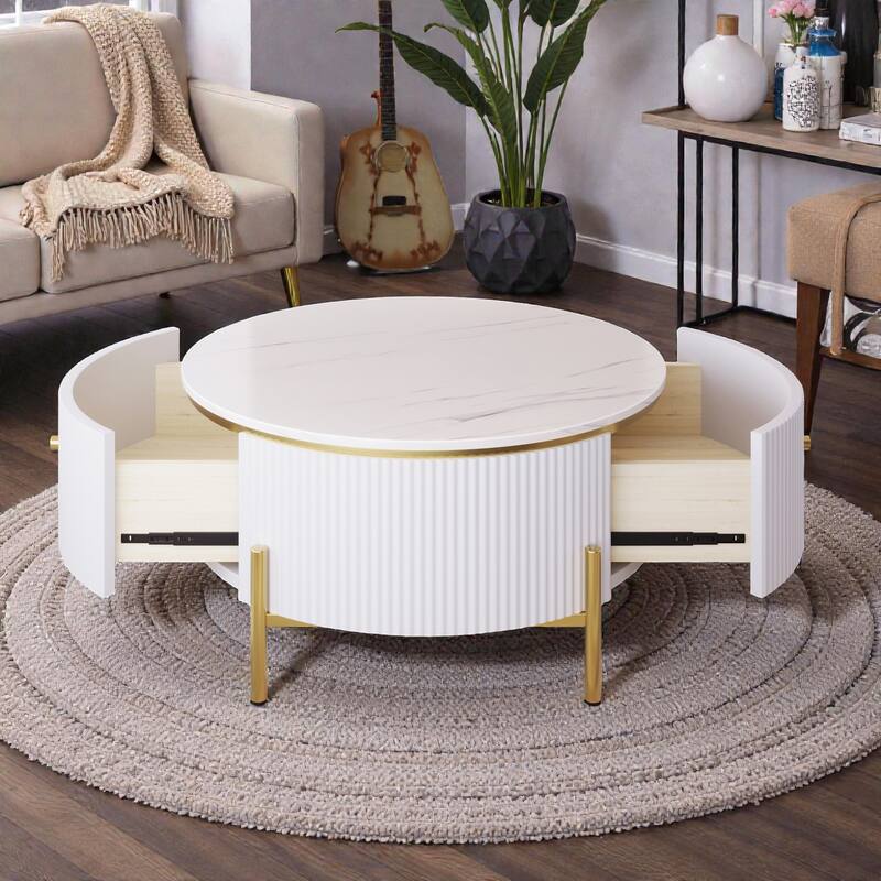 Modern Round Coffee Table with 2 Large Drawers, Marble Pattern MDF Top and Gold Metal Legs