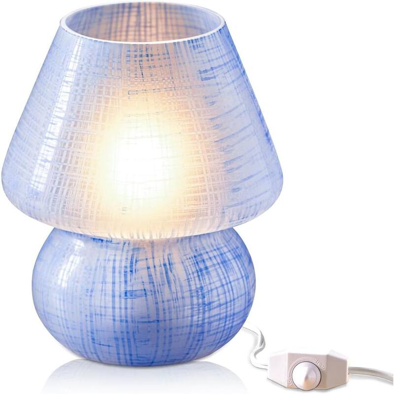 Mushroom White Glass Dimmable LED Table Lamp with E26 Socket Modern - Blue Lattice Glow