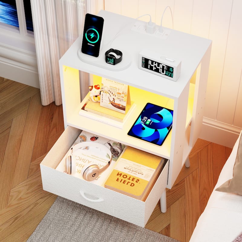 2 Pack Modern LED Nightstand with Charging Station and Fabric Drawers