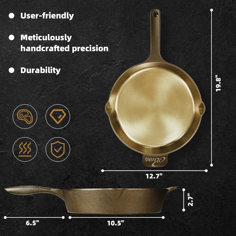 iLiving Seasoned Modern Heirloom Mirror Polished Cast Iron Skillet Pan 12" (2.7/3.7L)