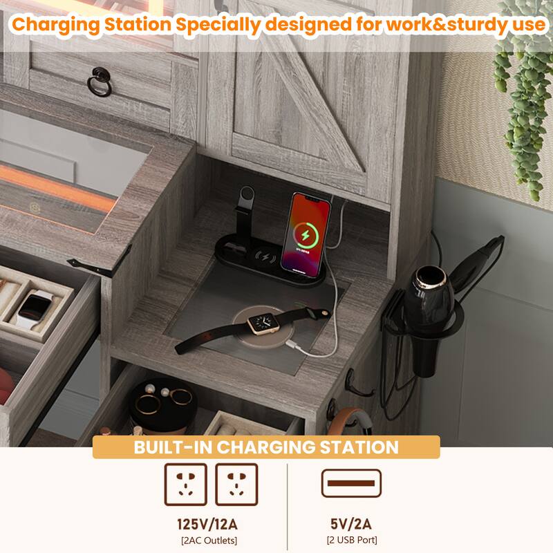 2-Piece Bedroom Makeup Vanity Set with Stool, Farmhouse Glass Top Vanity Desk with Sliding Mirror, Lights and Charging Station