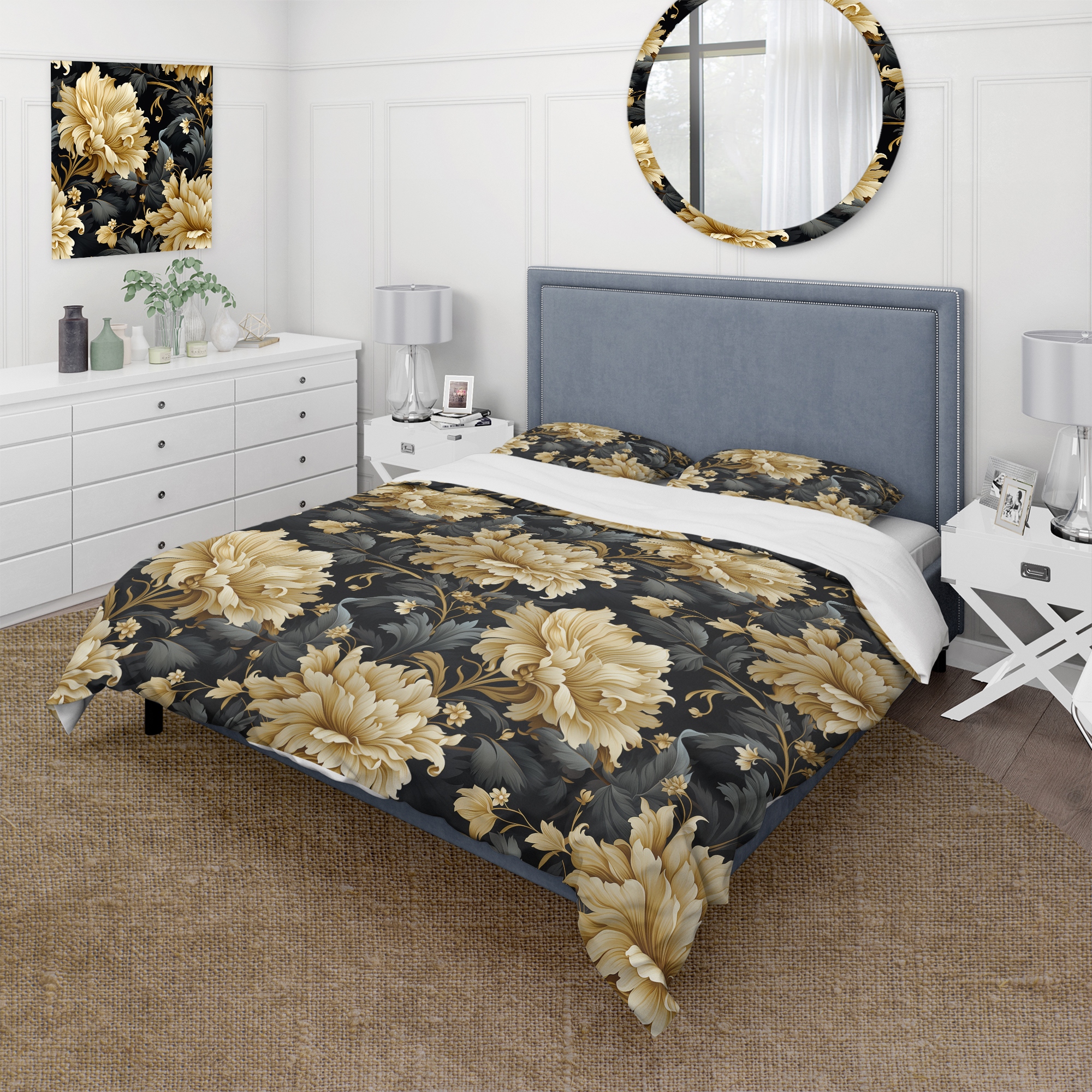 Designart Luxurious Black And Beige Flowers Damask Beige Damask bedding set with shams Bed Bath Beyond 39492196