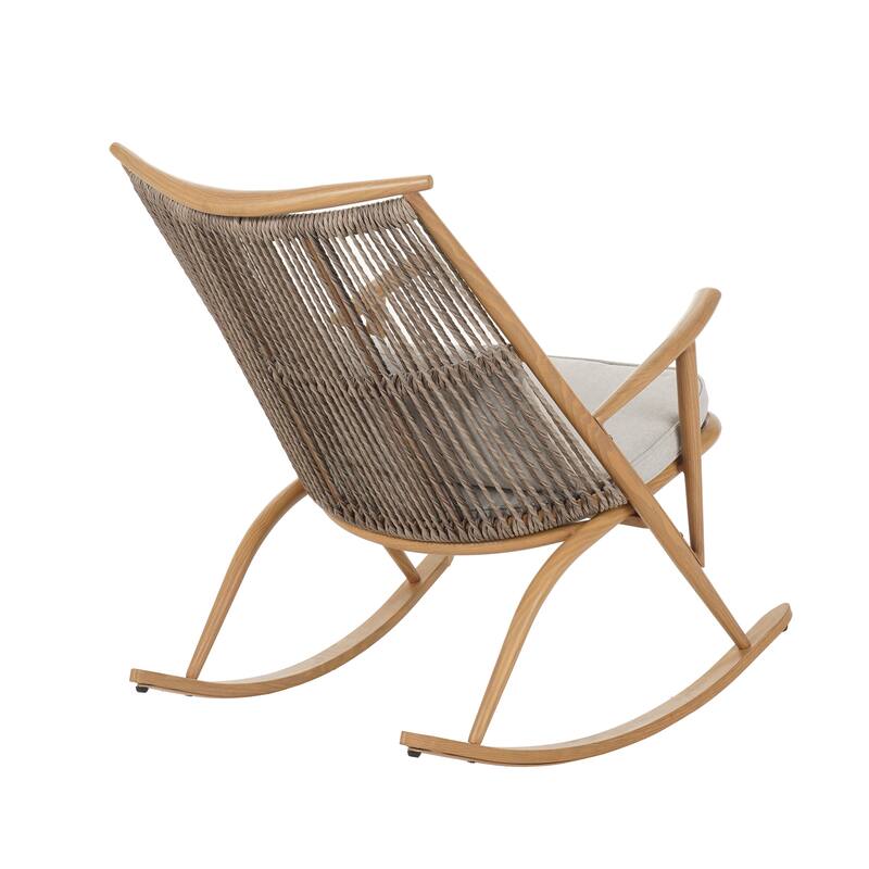 Christopher Knight Home - Auralee Outdoor Faux Rattan Rocking Chair with Balanced Curved Base, Iron Frame & Padded Seat Cushion