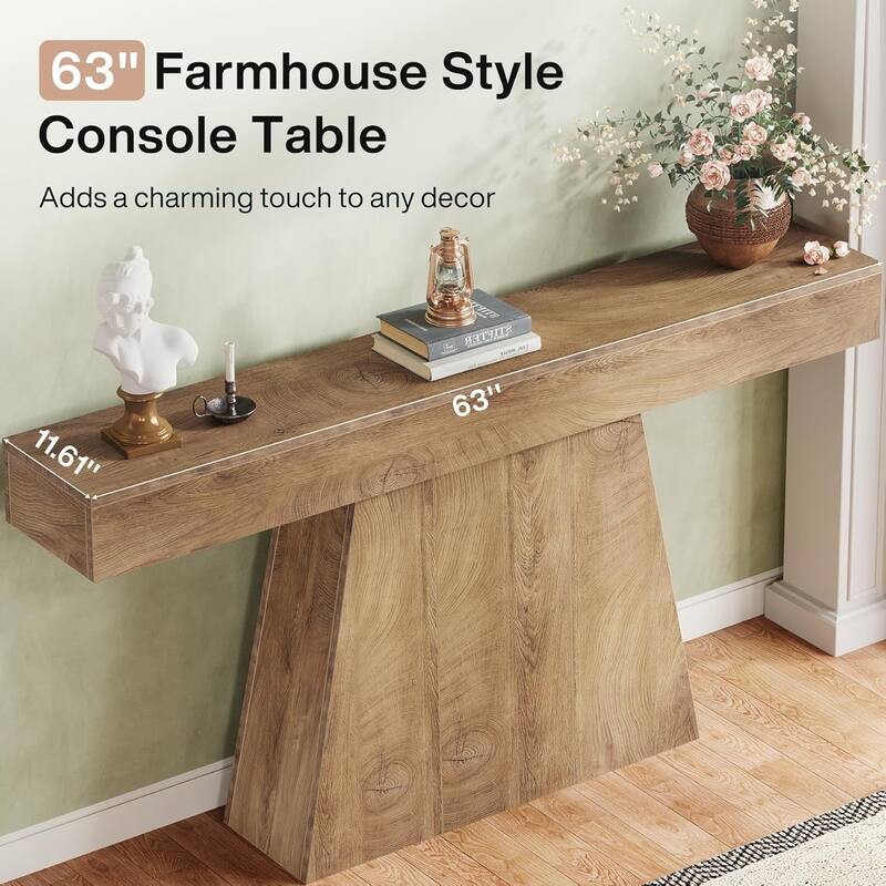 63" Narrow Long Console Table, Farmhouse Entryway Table with Trapezoidal Base - 63" L x 11.6" W x 35.4" H