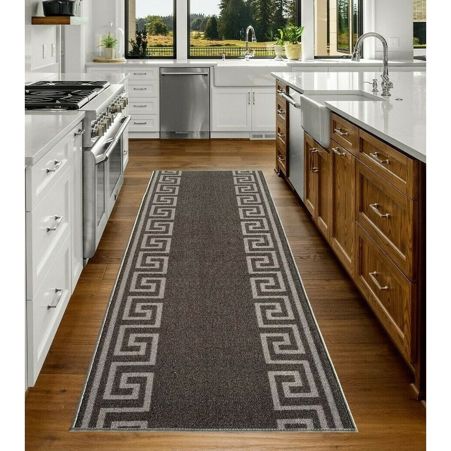 Custom Size Greek Key Design Gray, Dark Gray Color Non-Slip Rubber Backing- 31 Inch WidexYour Choice of Length Runner Rug
