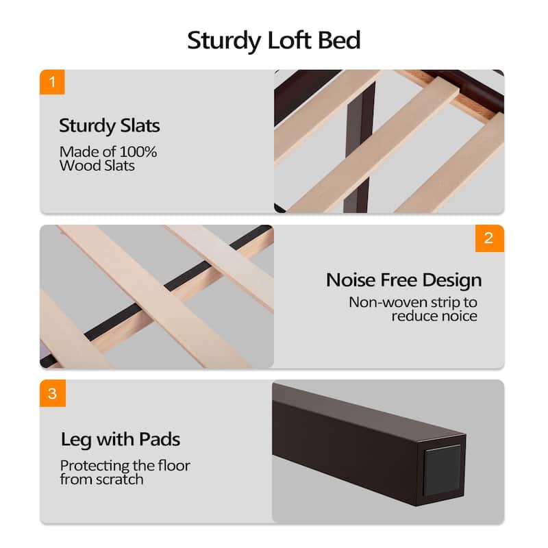 Espresso Wood Junior Loft Bed with Stairs for Adults, Kids and Young Teens