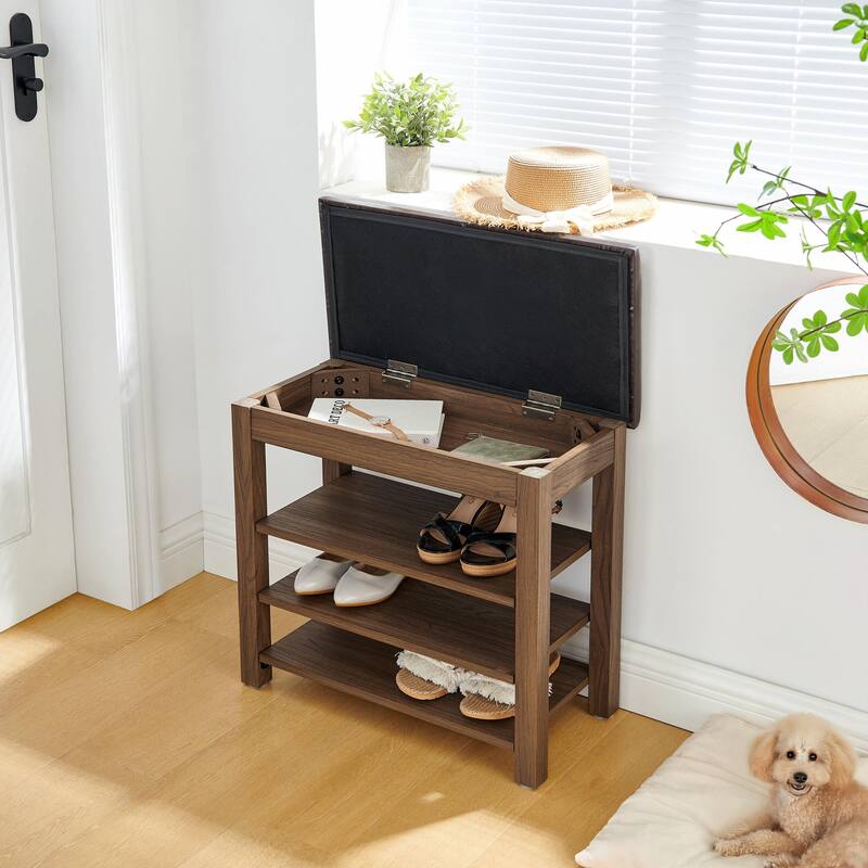 Height-Adjustable Shoe-Changing Bench Made of High-Quality Wood with Comfortable Seat and Concealed Storag