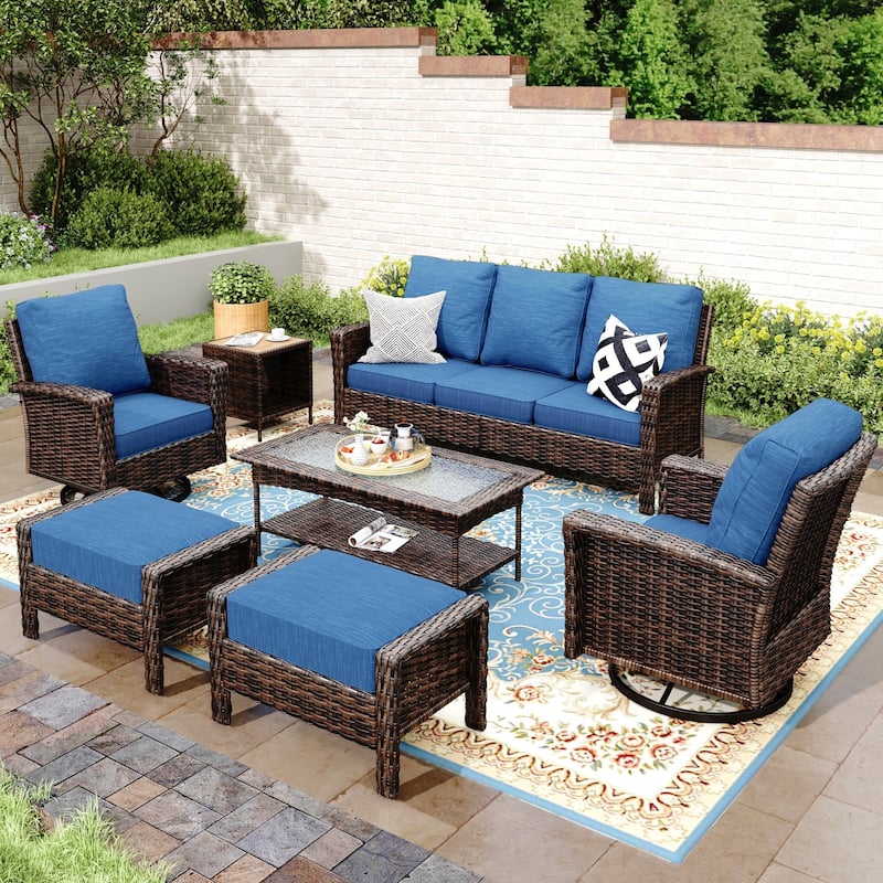 MAISON ARTS 7-Piece Extra-Large Patio Wicker Sofa Conversation Set with Table, Oversize Seat with 5.5'' Thick Padded Cushion - 5Seats +2Ottoman + 47''Table + 17''Table - Navy Blue