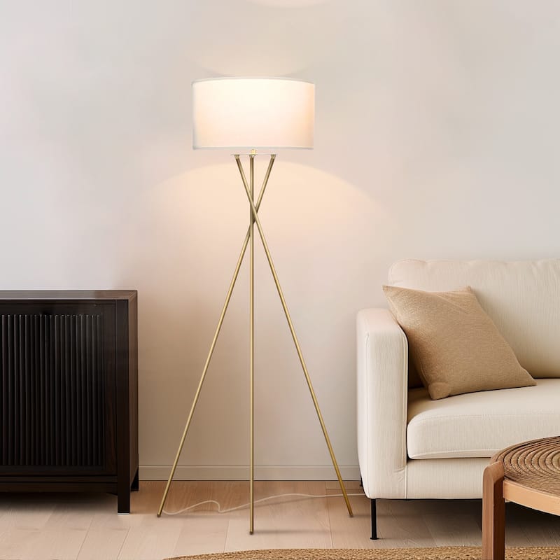 Brightech Jaxon 60 in. Antique Brass Mid-Century Modern LED Super Bright Floor Lamp with White Fabric Drum Shade