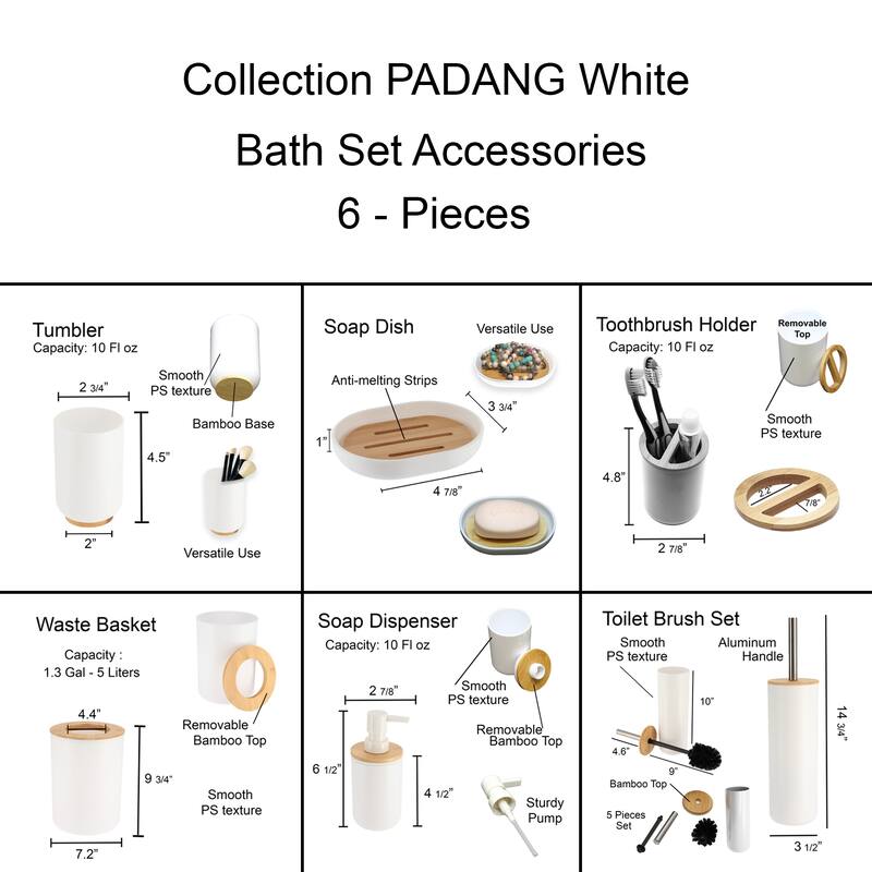 White Padang Bathroom Accessory Set 6-Pieces Bamboo