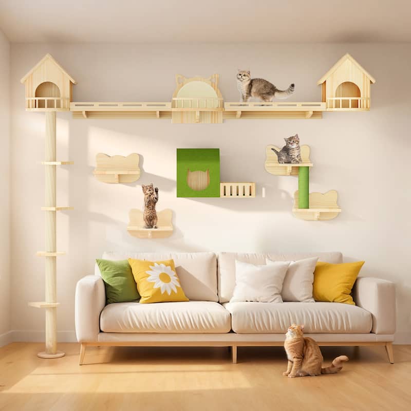 Moasis 21-Piece Cat Wall Shelves Set, Pine Wood Cat Wall Furniture with 3 Houses, 1 Cat Bed, 6 Sisal Posts and 2 Tunnels