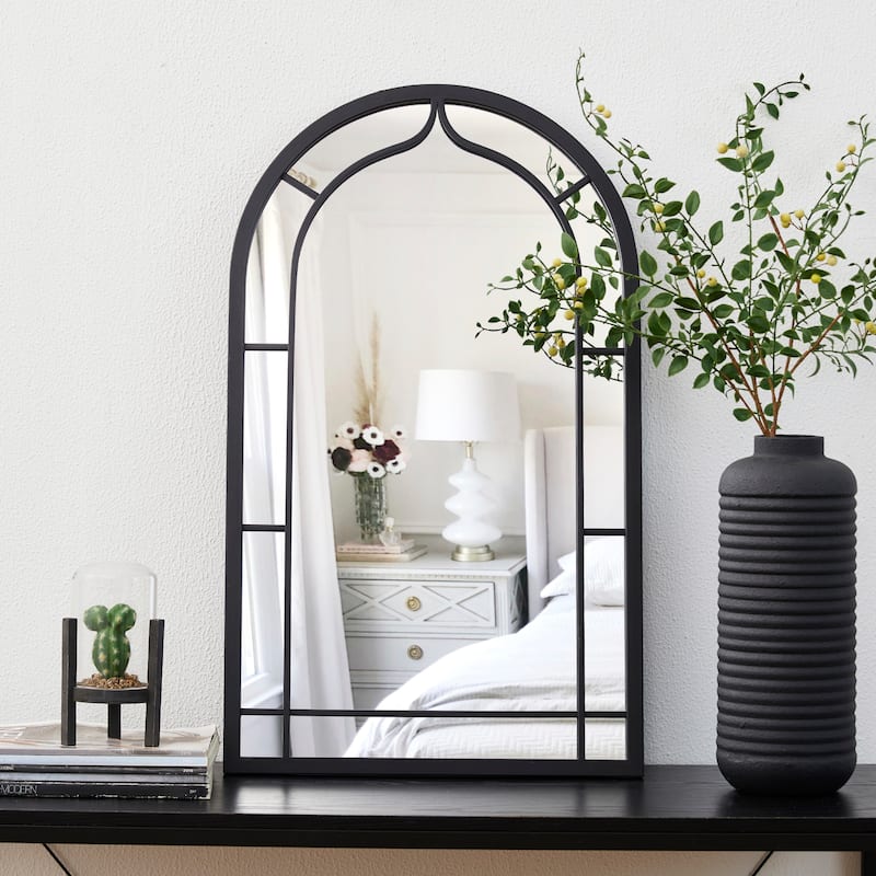Glitzhome 23.62"D Black Metal/Glass Round or Arched Wall Hanging Mirror