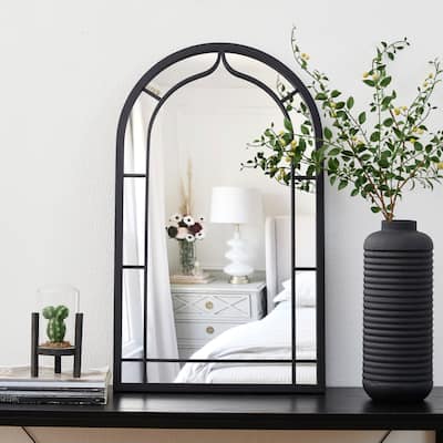 Glitzhome 33"H Modern Arched Black Metal Decorative Wall Mirror Bathroom Living Room - 33"