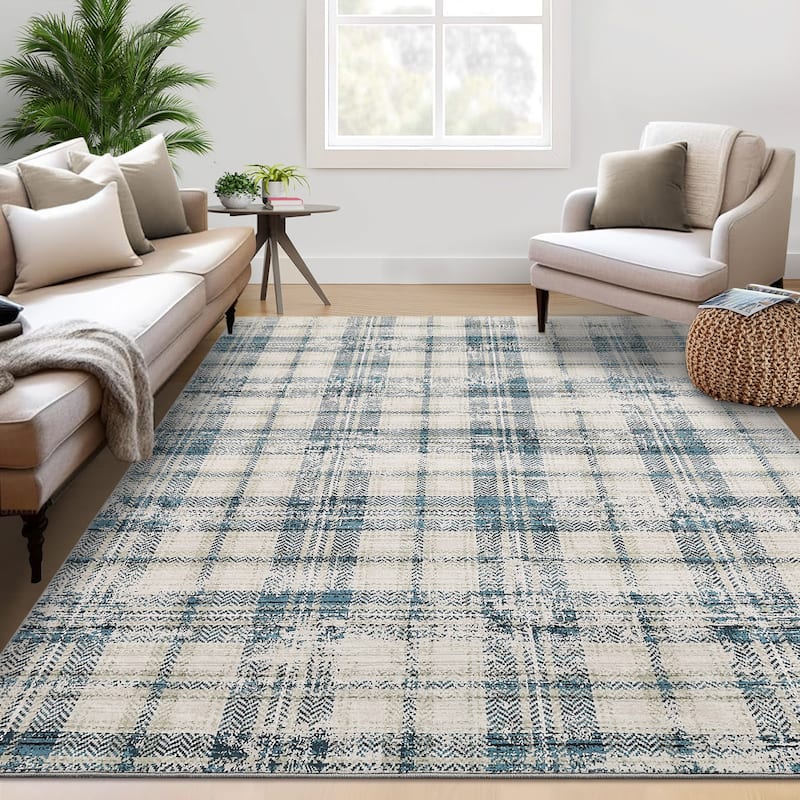 Garvee Earthy Plaid Soft Low Pile Foldable Area Rug - 10'x13' - Blue Beige