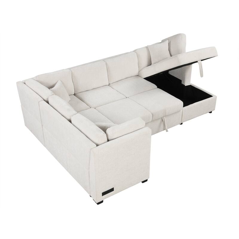 108.6" Chenille U-Shaped Sectional Sofa Bed with USB Ports, Storage Chaise, and 3 Back Pillows