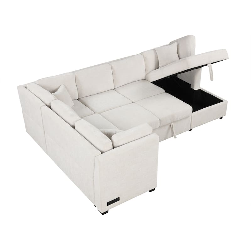 Roomfitters 108.6" U-Shaped Sectional Sofa Pull-Out Sofa Bed with USB Ports, Power Sockets, Back Pillows, Beige