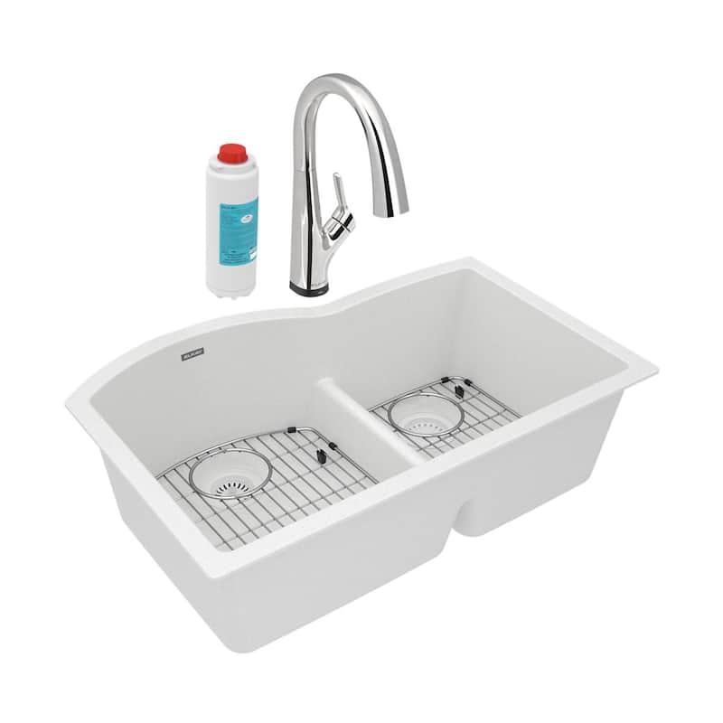 Elkay Quartz Classic 33" x 22" x 10", Offset 60/40 Double Bowl Undermount Sink Kit with Filtered Faucet with Aqua Divide, Black - White