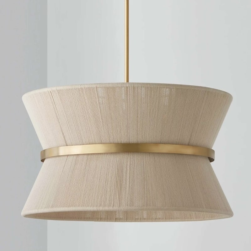 24 inch 8-Light Modern Farmhouse Large Round Chandelier Patinaed Brass/ Bleached Tiered Drum Natural Hand-woven Rope Chandelier