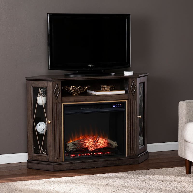 47.25 in. Freestanding Wood Smart Electric Fireplace TV Stand in Brown for remote control heater convenience