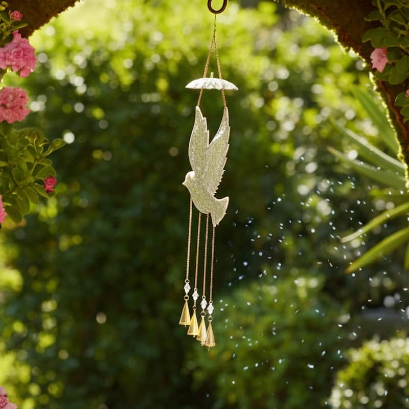 Metal Glass Wind Chime Mosaic Dove Metallic Finish - 36" Silver - 10" x 1" x 36"