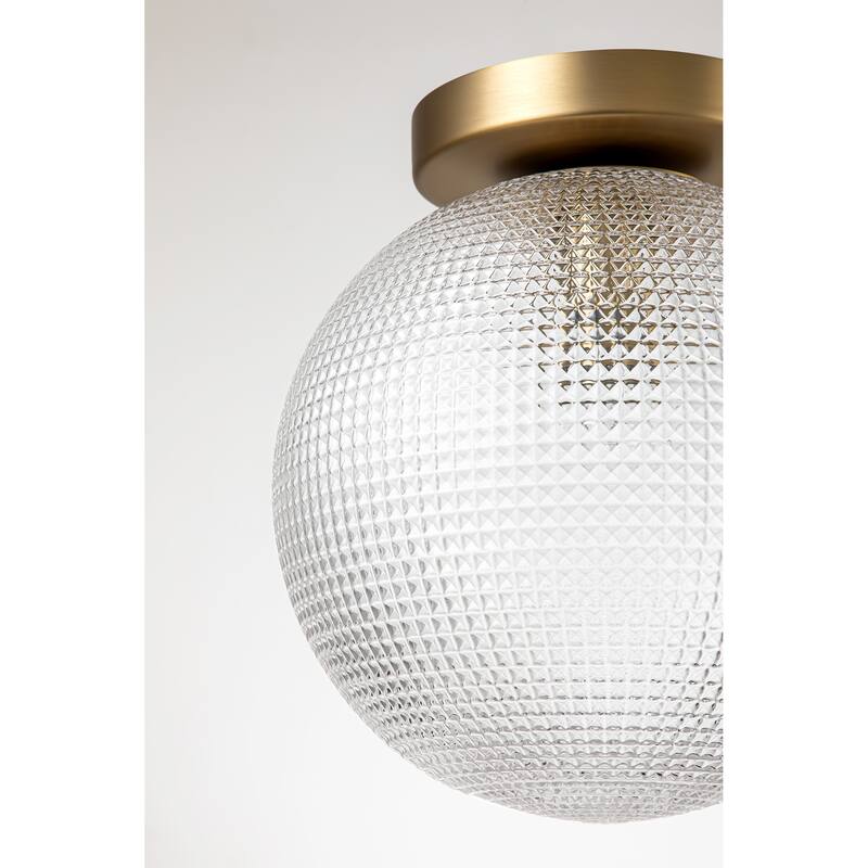 1-Light 11 in. Modern Gold Textured Prismatic Clear Glass Globe Bubble Semi-Flush Mount Light - 9.8 in. W x 11 in. H - Brass