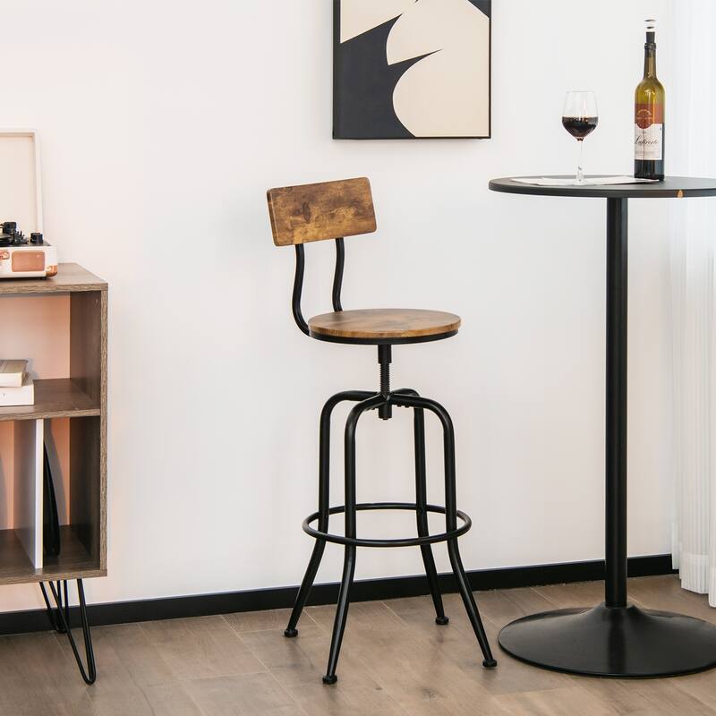 Set of 2 Rustic Brown Adjustable Swivel Bar Stools with Backrest and Black Metal Frame Footrest