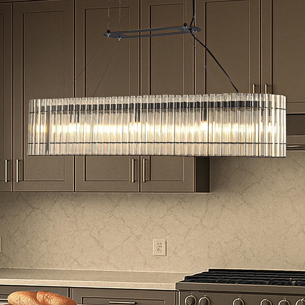 AloaDecor 8-Light 39'' Modern Elegant Rectangle 2-Tier Glass And Matte Black Chandelier For Dining Room - W39‘’