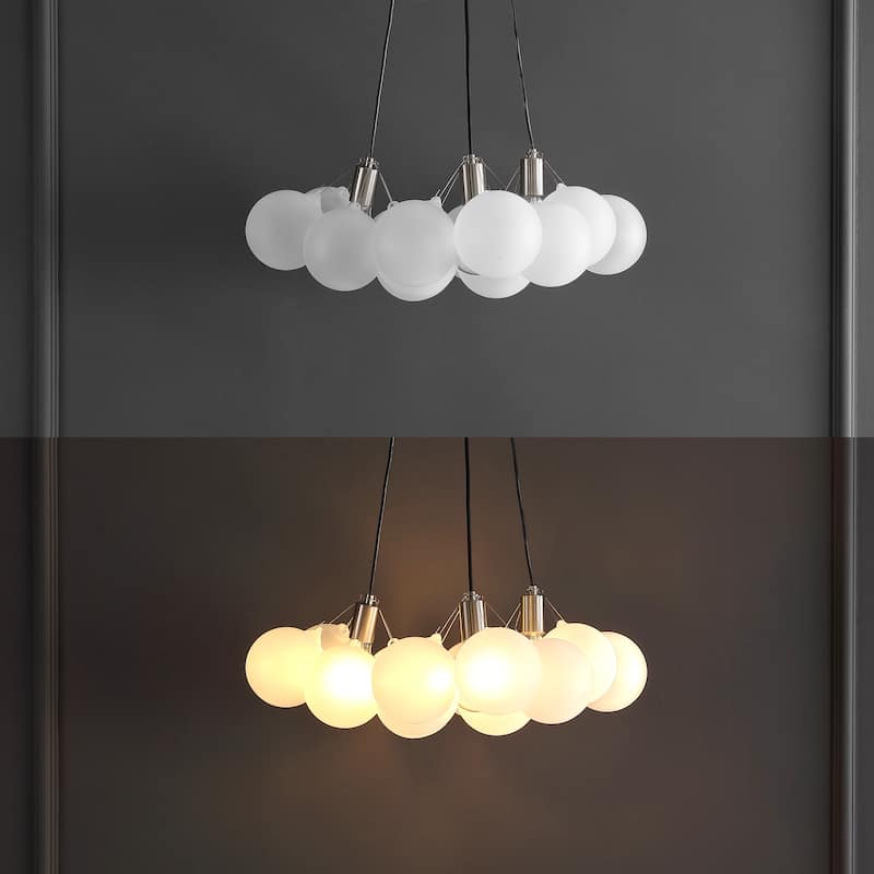 Rhys 24" 3-Light Mid-Century Glam Frosted Glass Orb LED Chandelier, White/Brushed Nickel, by JONATHAN Y
