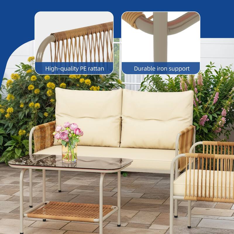 Moasis 4 Pieces All-Weather Patio Furniture Set,Outdoor Bistro Conversation Set with Beige Cushions and Coffee Table