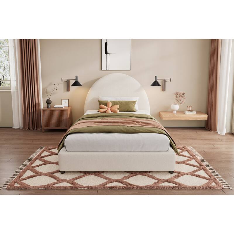 Twin Size Bed Frame with Round Curved Headboard, Boucle Upholstered, White