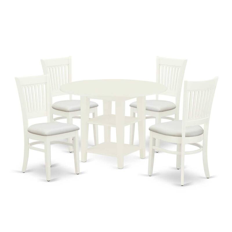 5-Piece Linen White Finish Solid Wood Top - Round Dining Room Set Seats-4