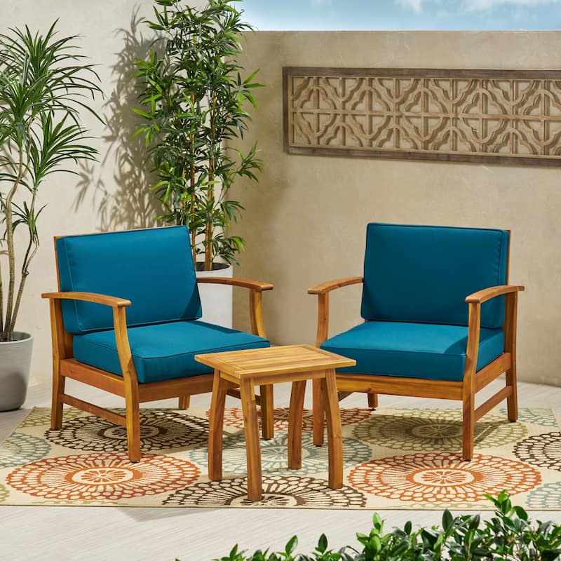 Perla Outdoor Acacia Cushioned 3-piece Chat Set by Christopher Knight Home - Blue