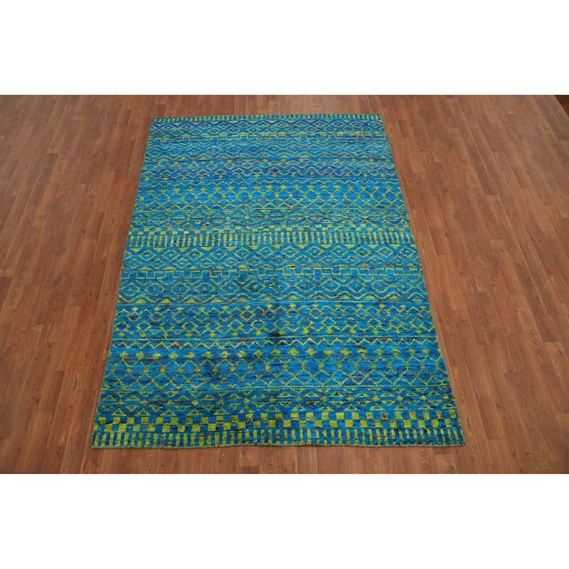 Hand-knotted Modern Wool Blue Geometric Oriental Area Rug - 7' 5'' X 5' 4''