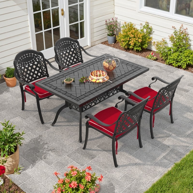 5/7-Piece Cast Aluminum Outdoor Dining Set with 59.06'' L X 35.43'' W Rectangular Table and Seat Cushions - Black( 5-PieceSets-B)