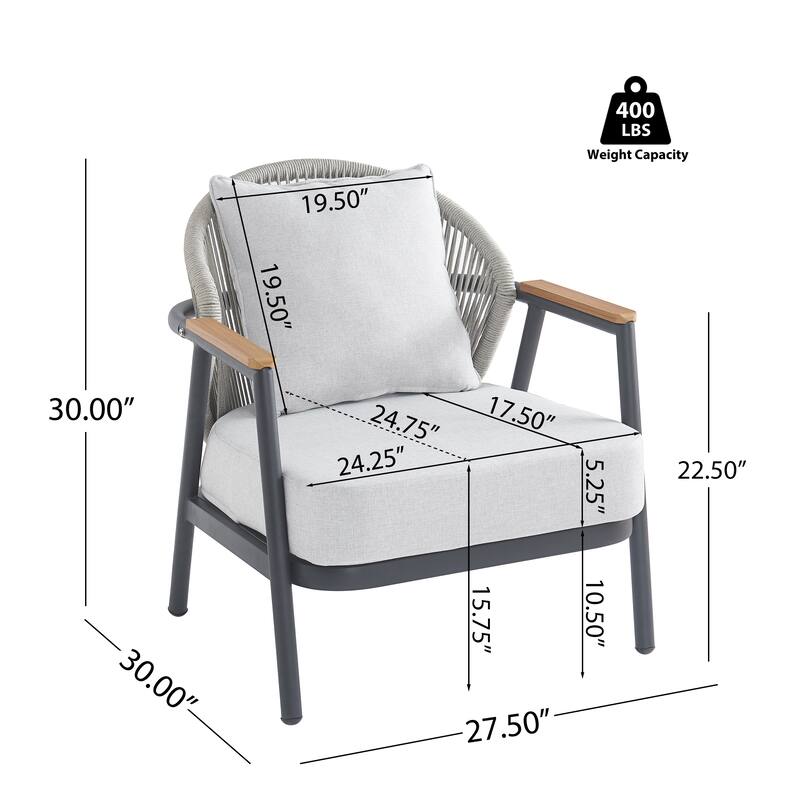 Roomfitters Orla Outdoor Rope Club Chairs with Plastic Wood Armrests and Cushions, Grey Finish