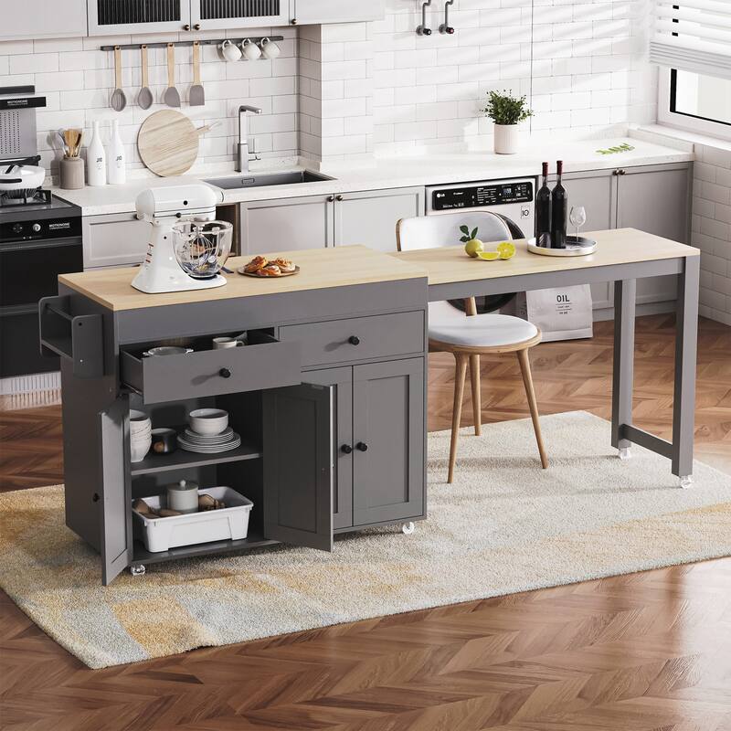 Kitchen Island with Extendable Dining Table , Rolling Kitchen Island on Wheels with Spice Rack and 2 Drawers