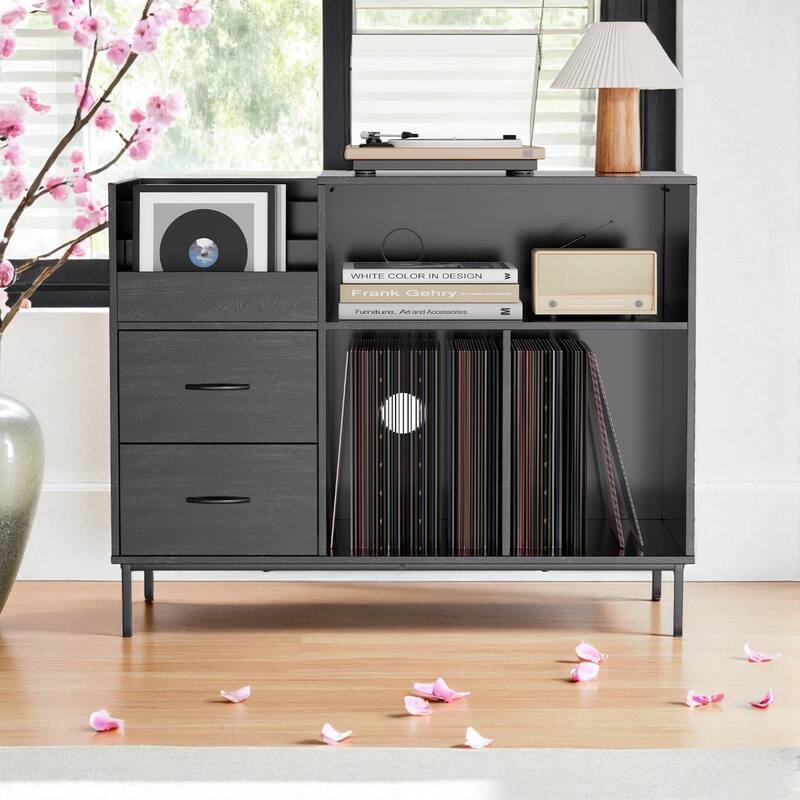 Record Player Stand with Power Outlet, Flip-Down Lid, Vinyl Storage for 300 Albums, Drawers and Steel Legs