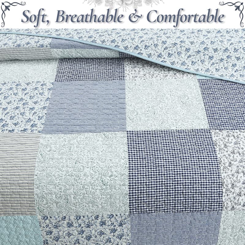 Cozy Line Subtle Blue Checker Cottage Floral Stripe Cotton 3 Piece Patchwork Quilt Bedding Set